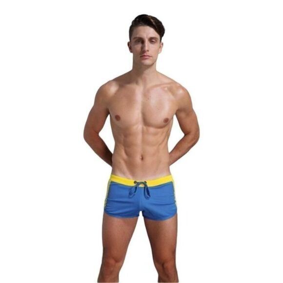 Wang jiang Men Swimwear Running Shorts Jock Strap DK Blue & Yellow US XL - Picture 1 of 12